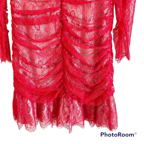 New Elliatt Rose Red Long Sleeve Ruched Lace Mini Dress Sz Small - Picture 5 of 16
